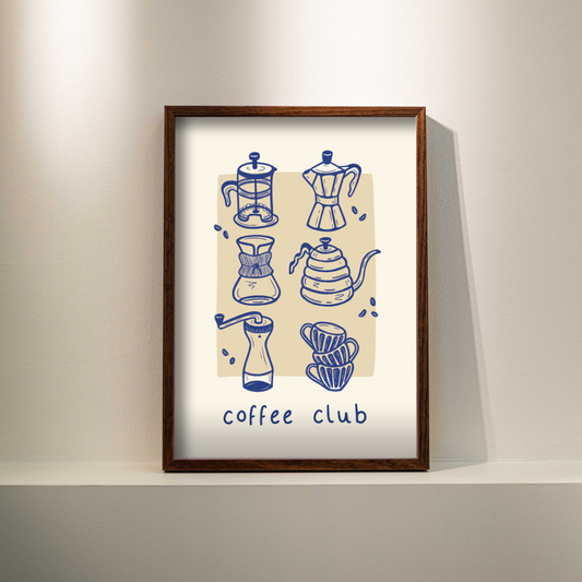 Poster - Koffie poster 'coffee club' - Blauw/beige