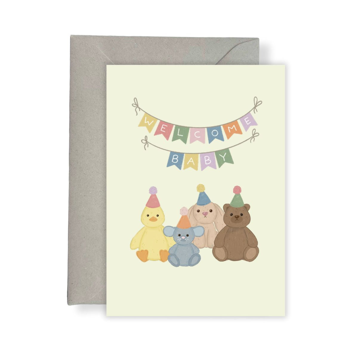 Wenskaart - Geboortekaart Knuffels met Feesthoedjes