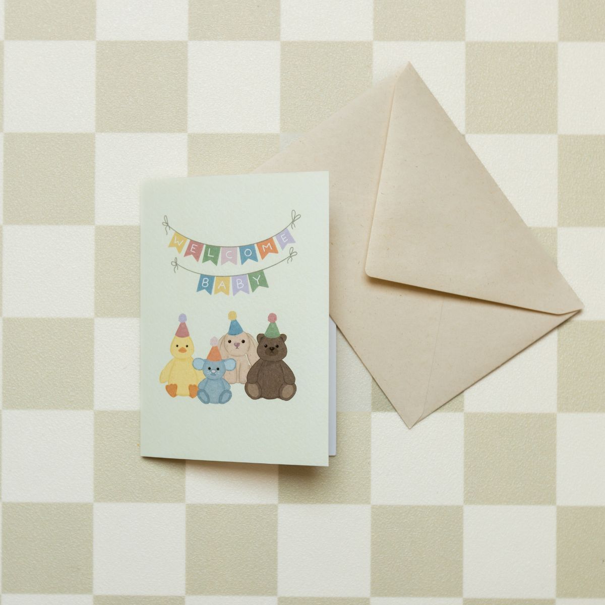 Wenskaart - Geboortekaart Knuffels met Feesthoedjes