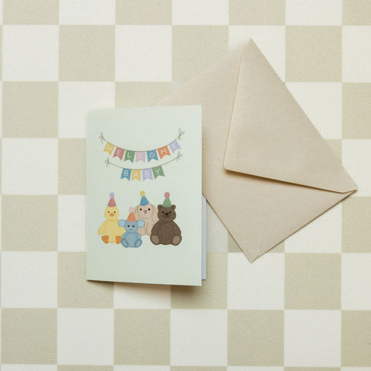 Wenskaart - Geboortekaart Knuffels met Feesthoedjes