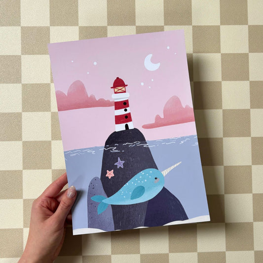 Poster - Vuurtoren met narwal (met print-imperfectie)