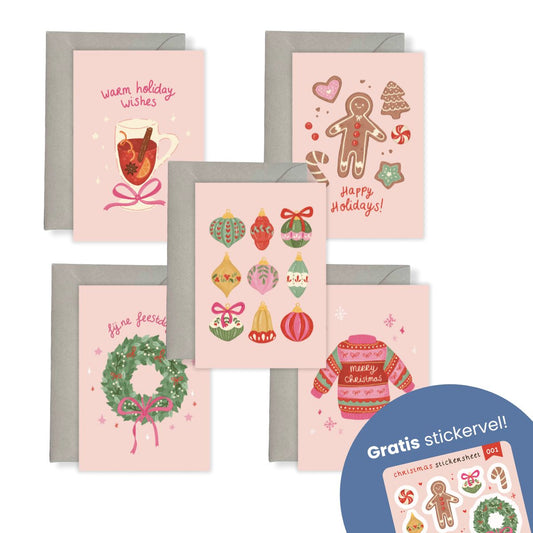 Kerstkaarten set - 5 stuks (incl. gratis stickervel!)